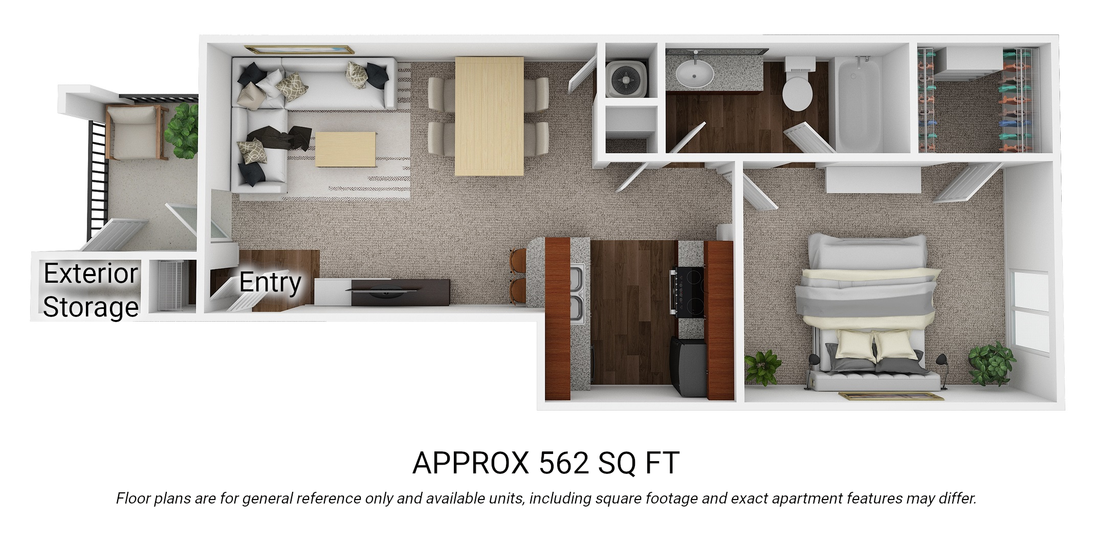 Floor plan for 1 bed, 1 bath, 562 sqft